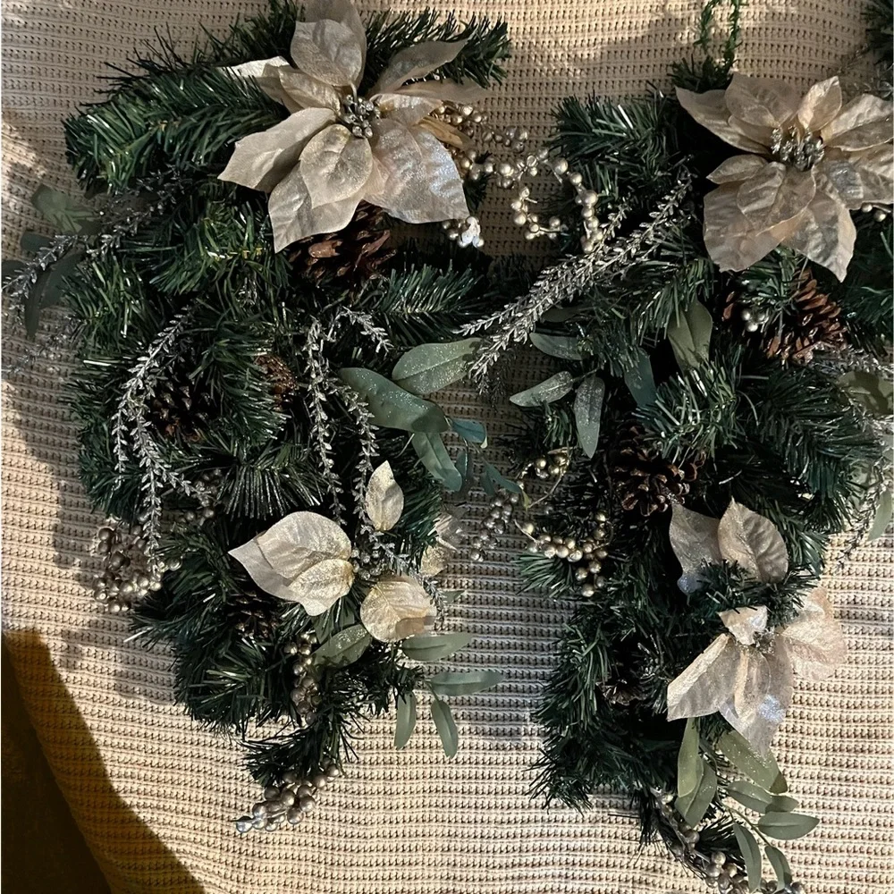 Elegant Holiday Garland Swag with Cream Flowers and Pinecones